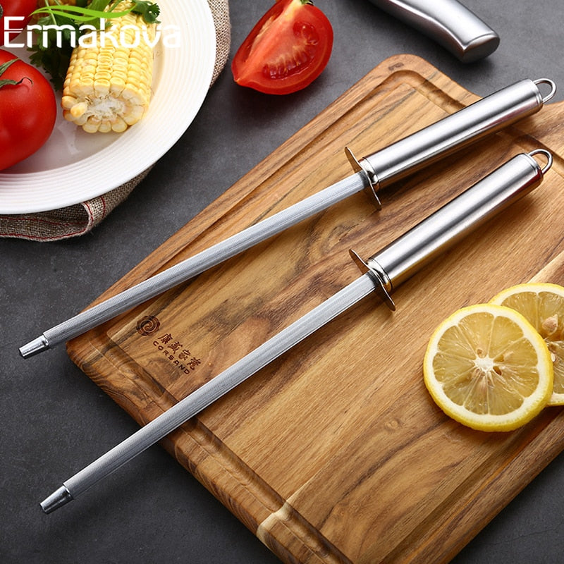 ERMAKOVA Knife Sharpening Rod 12 Inch Kitchen Honing Steel Knife Sharpening Carbon Steel Durable Stainless Steel Knife Sharpener