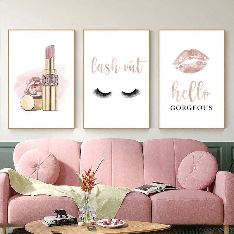 Fashion Eyelashes Lipstick Makeup Posters and Prints Hello Gorgeous Sign Rose Gold Canvas Painting Girls Gifts Wall Art Decor