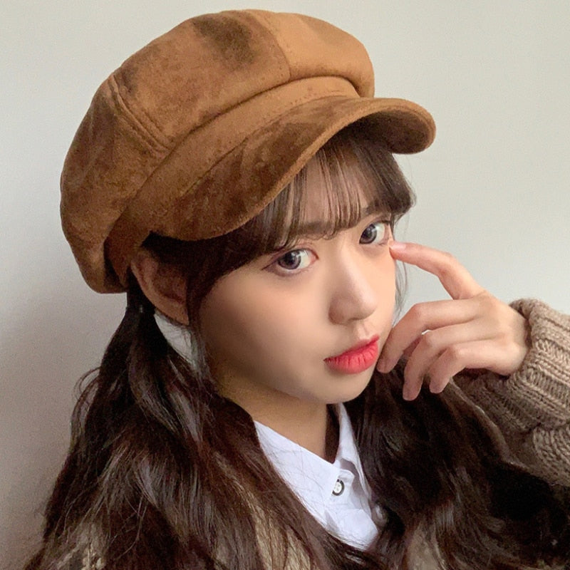 HT2892 Women Hat Retro Octagonal Newsboy Cap Ladies Solid Plain Suede Beret Hat Female Vintage Artist Painter Hat Women Berets