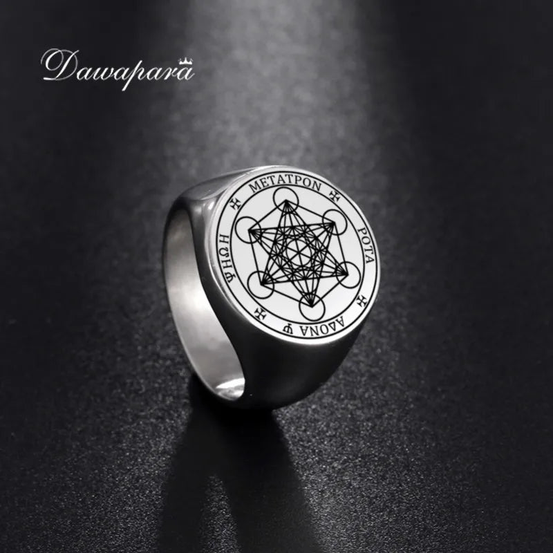 Dawapara Metatron Cube Ring for Men Women Stainless Steel Angel Seal Archangel Metatron Sacred Geometry Ring Protection Amulet