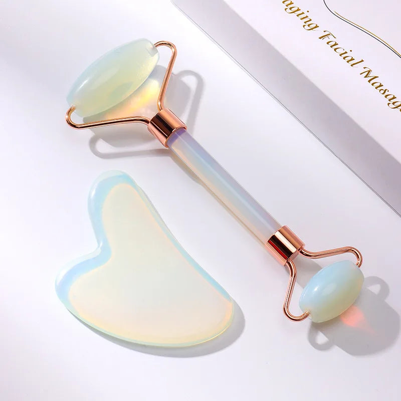 Opalite Quartz Crystal Roller for Face and Gua Sha Set - Beauty Cosmetic Facial Skin Roller Opal Jade GuaSha Care Massager Tool