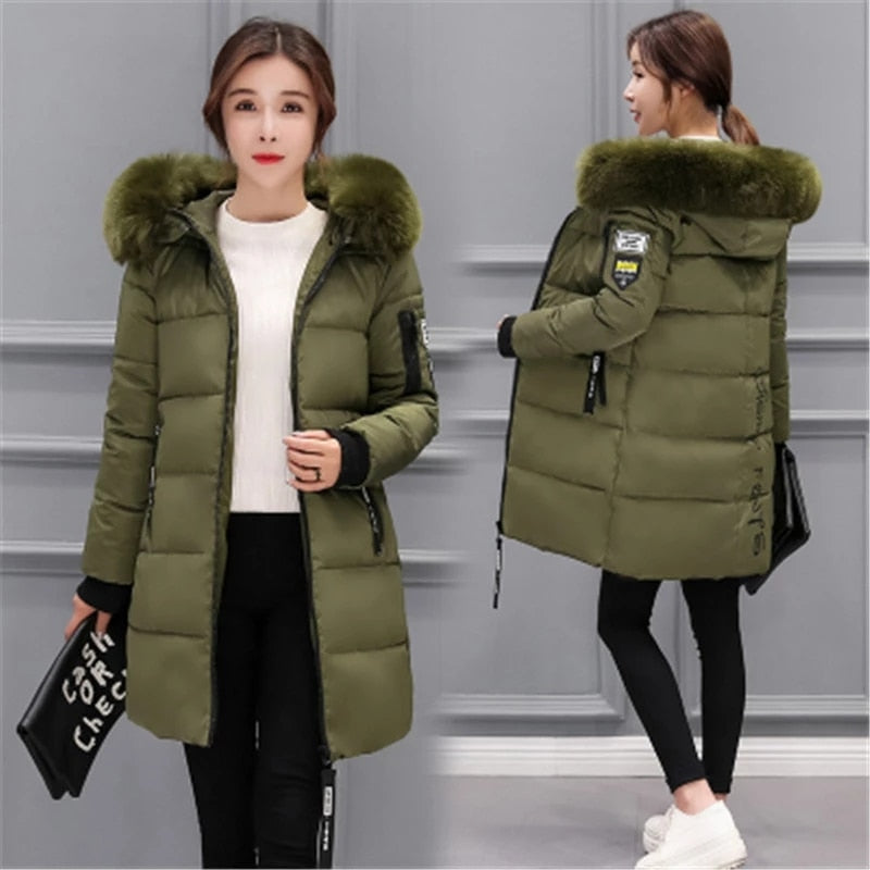 2023 Winter Jacket Women Parka Big Fur Collar Hooded Thick Warm Long Female Coat Casual Outwear Down Cotton Jacket Parkas