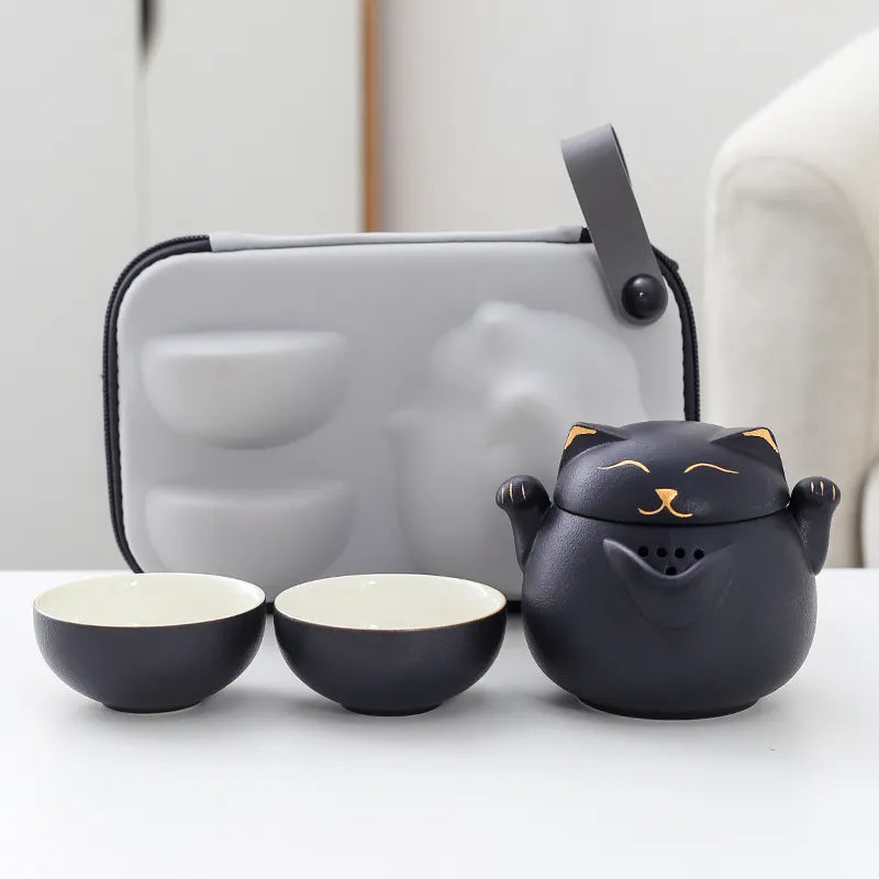 LUWU Ceramic Teapot with 2 Cups Cute Cat Portable Travel Tea Sets