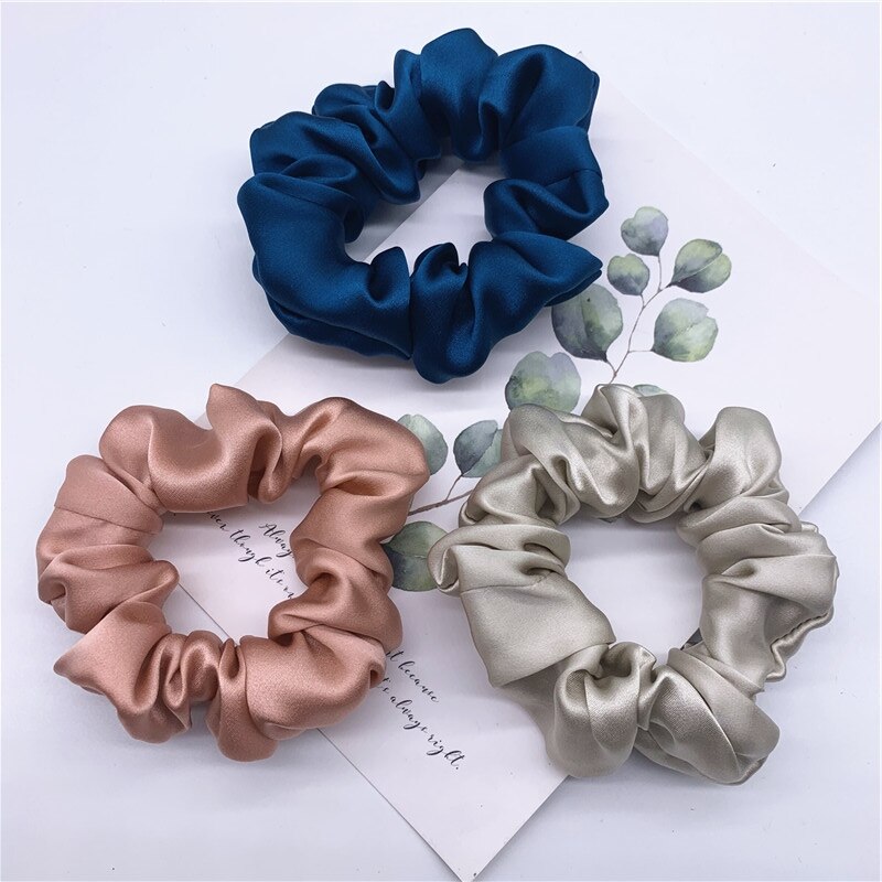 100% Pure Silk Hair Scrunchie Width 3.5cm Hair Ties Band Girls Ponytail Holder Luxurious Colors Sold by one pack of 3pcs