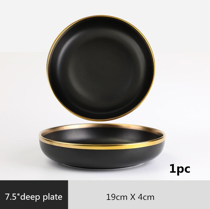 Gilt Rim Black Porcelain Dinner Plates Kitchen Dishes Ceramics Tableware Food Tray Rice Salad Noodles Bowl Cutlery Set
