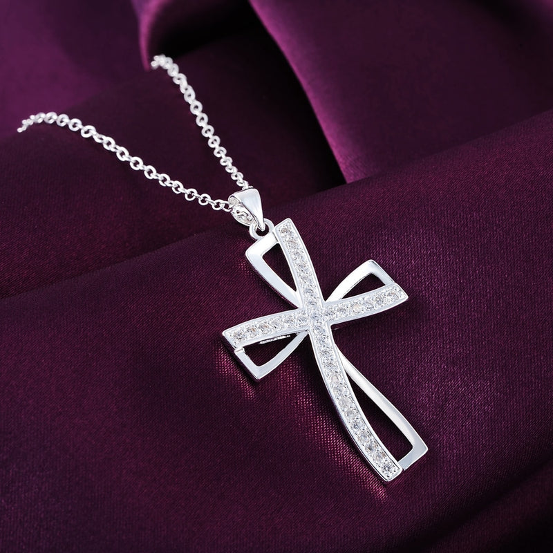 DOTEFFIL 925 Sterling Silver 18 Inches Cross AAA Zircon Pendant Necklace For Women Fashion Wedding Party Charm Jewelry