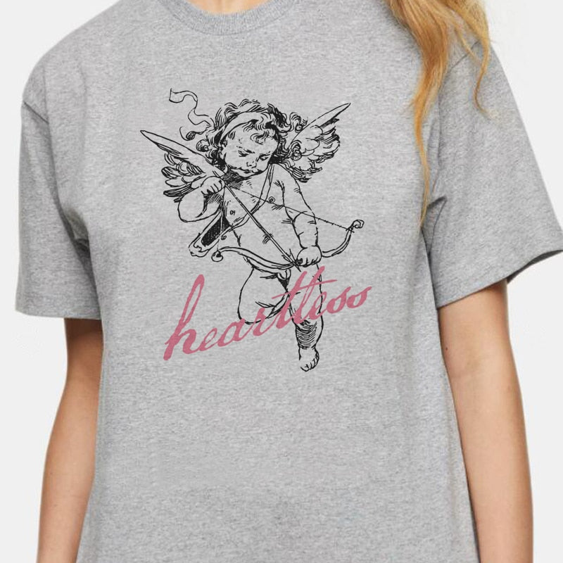Women Angel Print Vintage Fashion T-Shirt Summer Cute Aesthetic Graphic Tees Female Short Sleeve Streetwear Tops Grunge Clothes