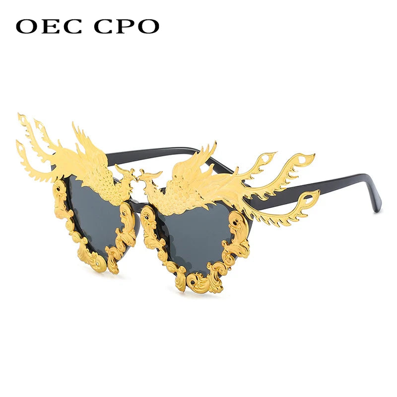 OEC CPO Fashion Party Dragon And Phoenix Sunglasses Women New Unique Colorful Gold Punk Sun Glasses Female Eyeglasses O992