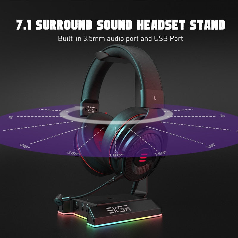 EKSA W1 Gaming Headset stand with 7.1 Surround/2 USB and 3.5mm Ports RGB Headphones Holder for Gamer Gaming PC Accessories Desk