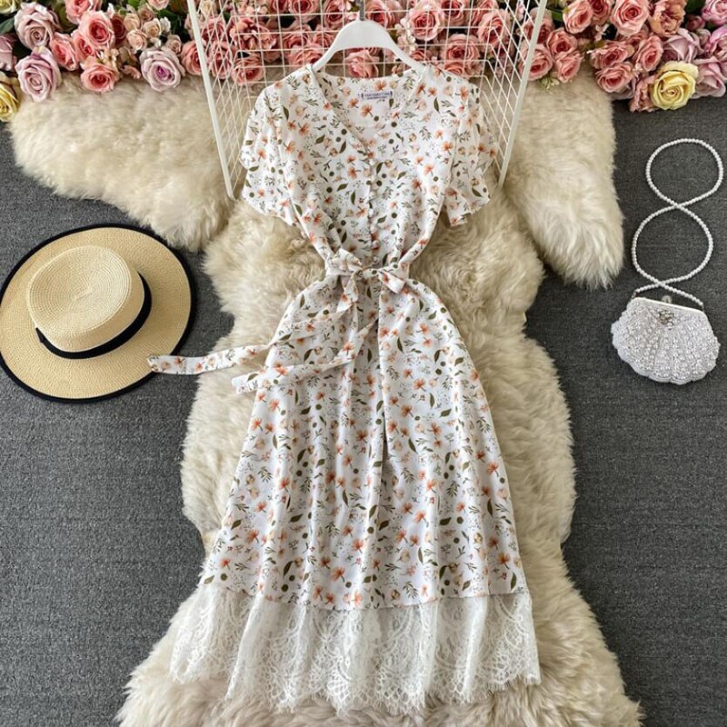 2021 Elegant V Neck Floral Print Chiffon Dress Summer Short sleeve Bandage Slim Lace Stitching Women Mid-calf Dress