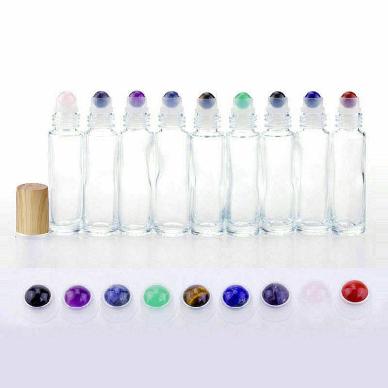 Natural Gemstone Jade Roller Bottle Plastic Wood Grain Lid for Essential Oil Crystal Roller Ball 10ml 10pcs P230