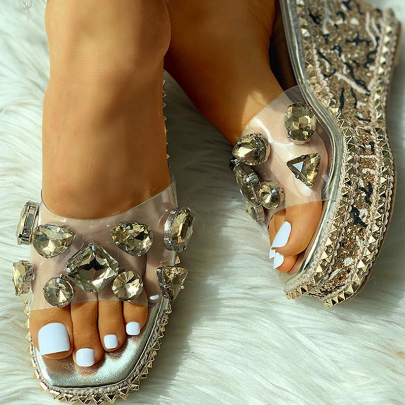 Doratasia brand design ladies crystals rivets clear platform high heels leisure slipper wedges sandals women summer shoes female