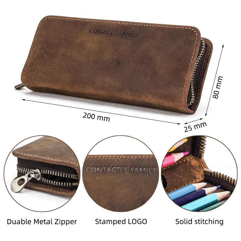 Genuine Cow Leather Zipper Pen Pouch Pencil Bag Pen Bag Retro Pencil Case School Stationery Bag For Fountain Pen Simple Style