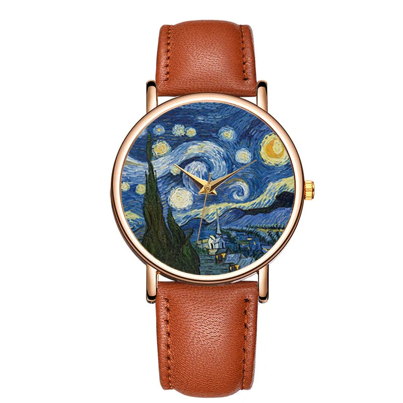 Creative Women's Watches Van Gogh Paintings The Starry Night Bracelet Simple Three-pin Leather Strap Ladies Watch Gift For Women