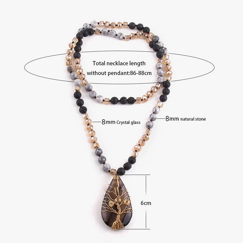 Fashion Bohemian Jewelry Natural Stones Glass Crystal Knotted With Semi Precious Life Tree Pendant Boho Necklace Women Gift