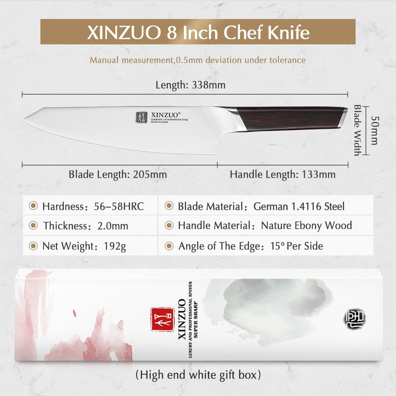 XINZUO 8&quot; Chef Knife DIN 1.4116 Stainless Steel Germany Kitchen Knives Cutting Peeler Vegetable Knife  Ebony Handle Gift Case