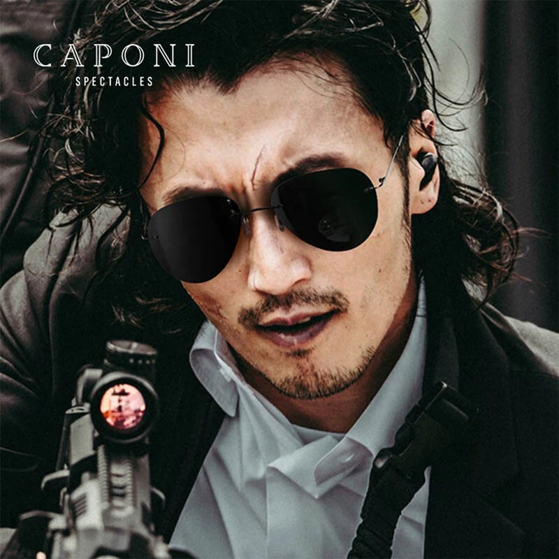 CAPONI Rimless Avation Sun Glasses For Men Discoloration Driving Fishing Polarized Sunglasses Light Weight Shades Male BS7466