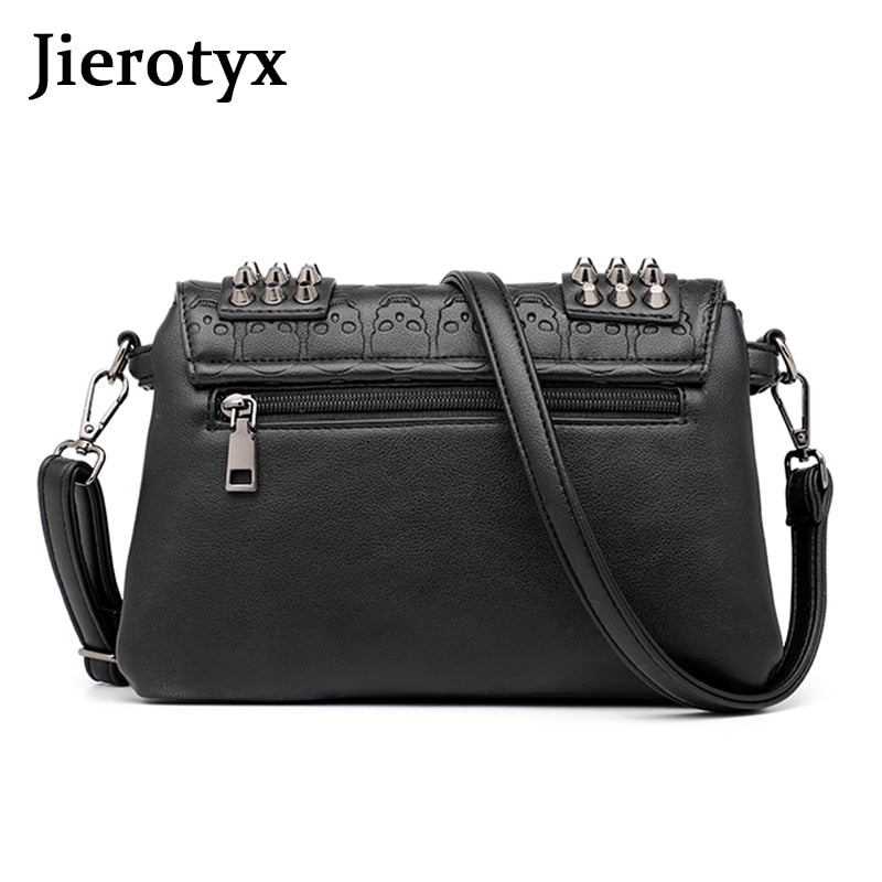 JIETOTYX Women Black Leather Messenger Bags Single Skull Rivet Shoulder Bags Sac A Main Bolsa Black Vintage Sexy Bag Lady Drop