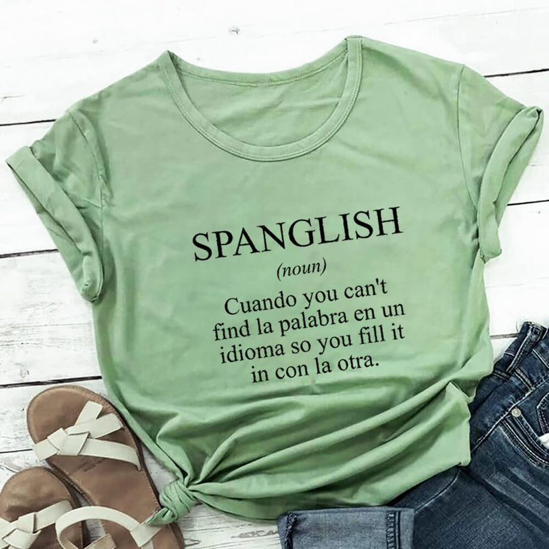 SPANGLISH Shirt Mexican Shirts Summer Women's Latina T Shirt 100%Cotton Funny Casual O-Neck Short Sleeve Top Spanish teacher Tee