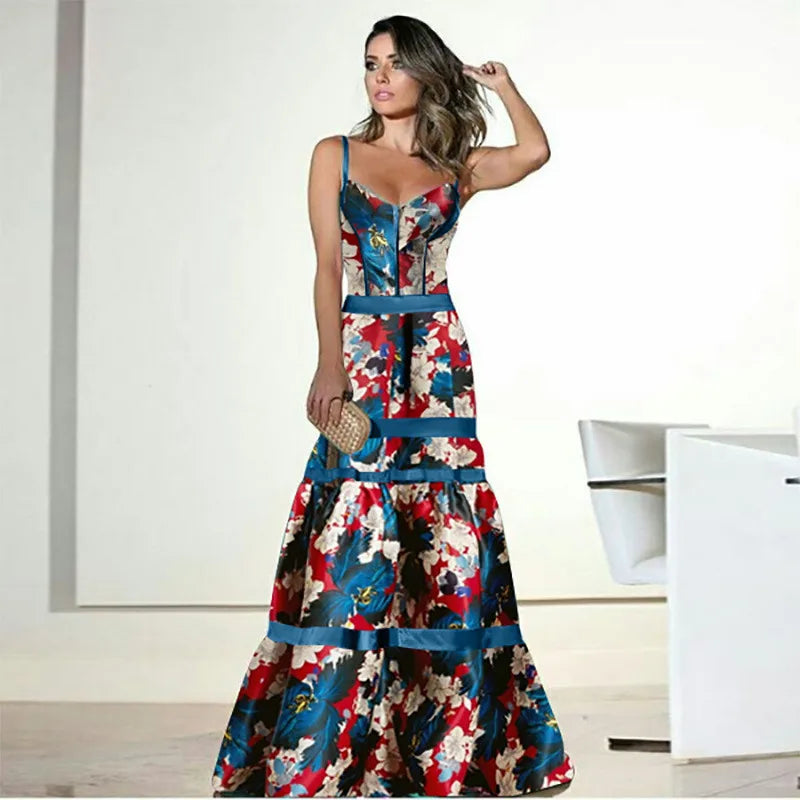 Evening Party Dresses Women Natural Silk Dress Retro Floral Print Maxi Dress Ladies Strap Pleated Oversized Dress Vestidos