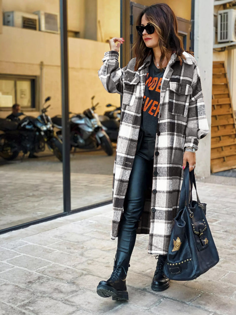 Women's Fashion Long Plaid Coat Autumn Shirt Coat Woolen Coat Streetwear Women Clothing Loose Coat Female Casual Jacket