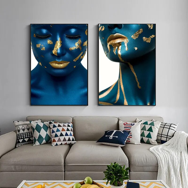 Decorative Paintings Golden Blue Girls Posters and Prints Makeup Women Canvas Painting Nordic Wall Paintings Cuadros for Parlour