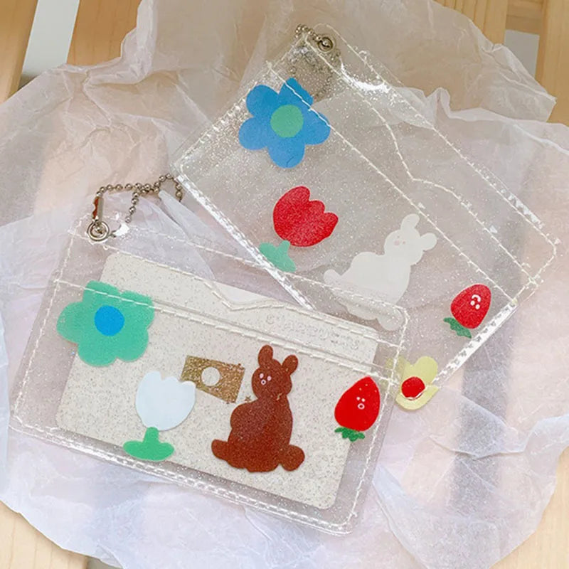 2Bits Cute Bear Rabbit Transparent Waterproof PVC Women Card Case Business Card Holder Girls Credit Card Bag ID Card Mini Wallet