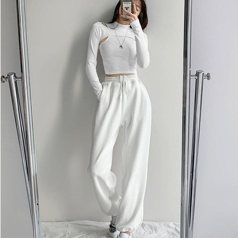 Hollow Knitted Crop Tops Women New Fitness Fake Two-piece T-shirt Female Black White Long Sleeve Tops