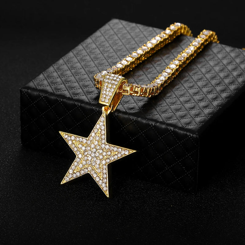 Hip Hop Gold Color Pentagram Pendant Necklace Pave Iced Out Rhinestone Chain Star Pendant Necklace for Boys Girl Charm Men Women