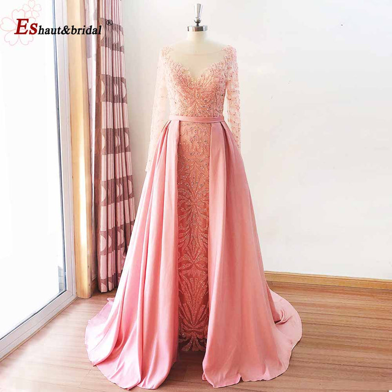 Elegant Mermaid Evening Night Dress for Women 2023 Muslim O Neck Long Sleeves Beads Sequin Formal Prom Wedding Party Gowns