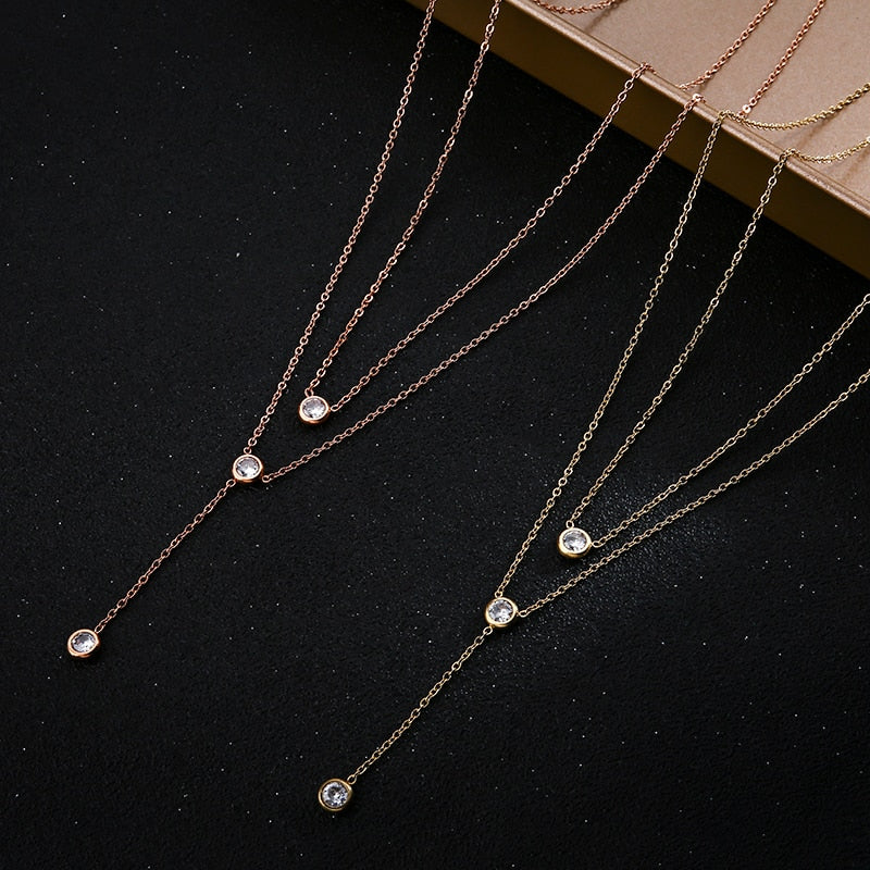 Hot Saleing 925 Sterling Silver Gold Color Shiny Luxury Zircon Double Layer Long Necklaces Women Gift For Women Fine jewelry