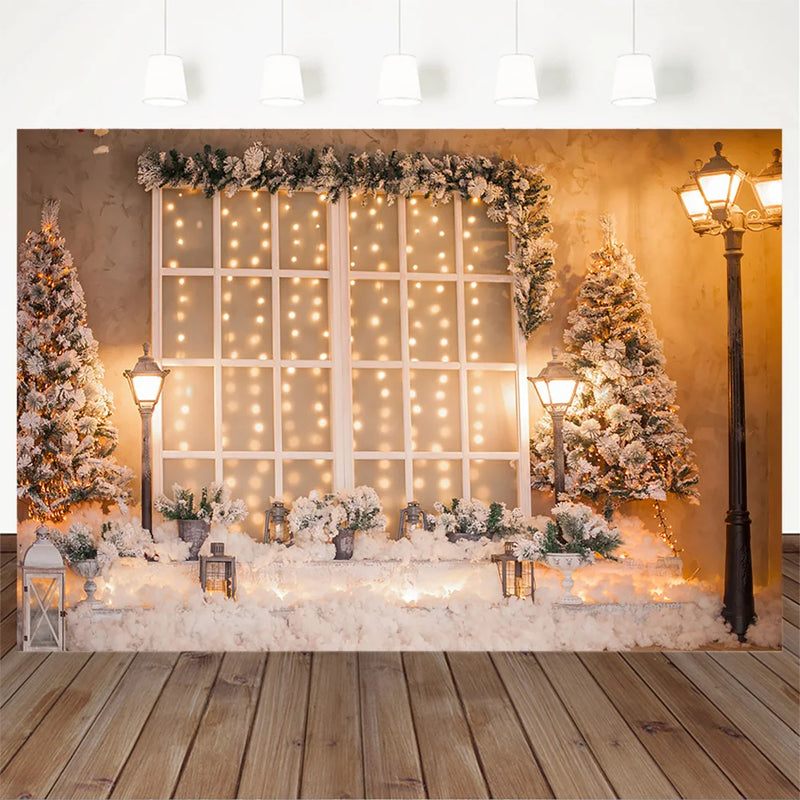 Christmas Backdrop Warm Street Light Decorative window White Snowfield Christmas tree Photography Background For Photo Studio