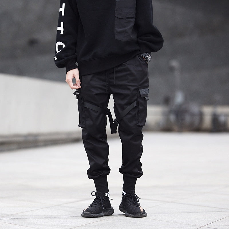 LACIBLE Hip Hop Cargo Pants Ribbons Men Black Streetwear Harajuku Techwear Tactical Pants Trousers Harem Joggers Sweatpants Punk