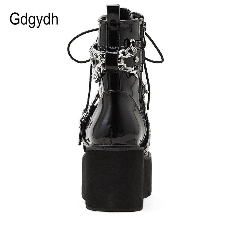 Gdgydh Autumn Winter Boots Women Sexy Chain Boots Ankle Buckle Strap Ankle Boots Square Heel Thick Sole Platform Rock Punk Style