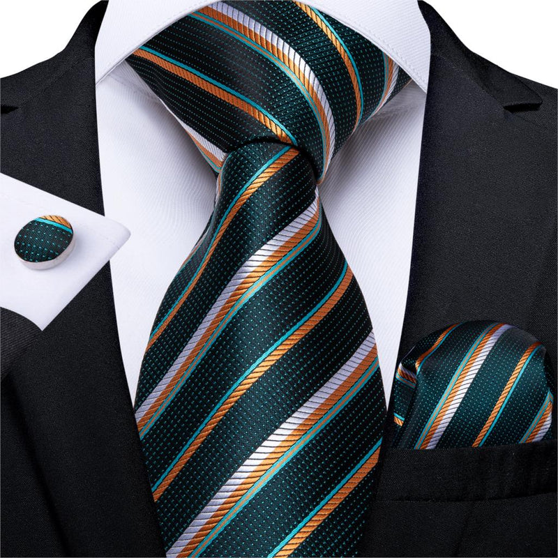 Gift Men Tie Teal Blue White Striped Silk wedding Tie For Men DiBanGu Designer Hanky Cufflink Quality Men Tie Set Business 7339