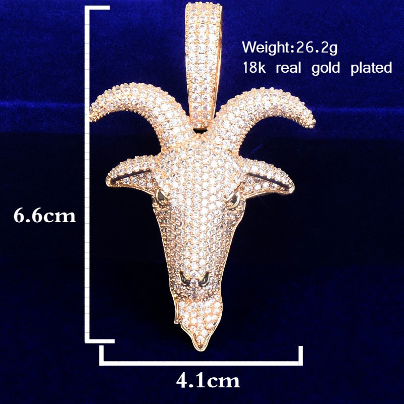 Animal Sheep Head Pendant Gold Color Plated AAA Zircon Hip Hop Necklace For Men Rock Chain Jewelry