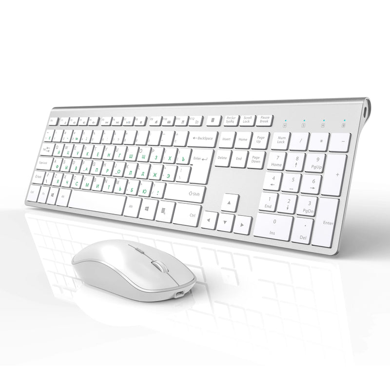 Russian wireless keyboard, ergonomic design, rechargeable mouse, 2400DPI, wireless mute design stable connection,silver white