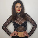 Mesh Tee Shirt Femme Sexy Long Sleeve Crop Top Chain Print T Shirt Women Streetwear Vintage Fishnet top T-shirt 2020 New Arrival