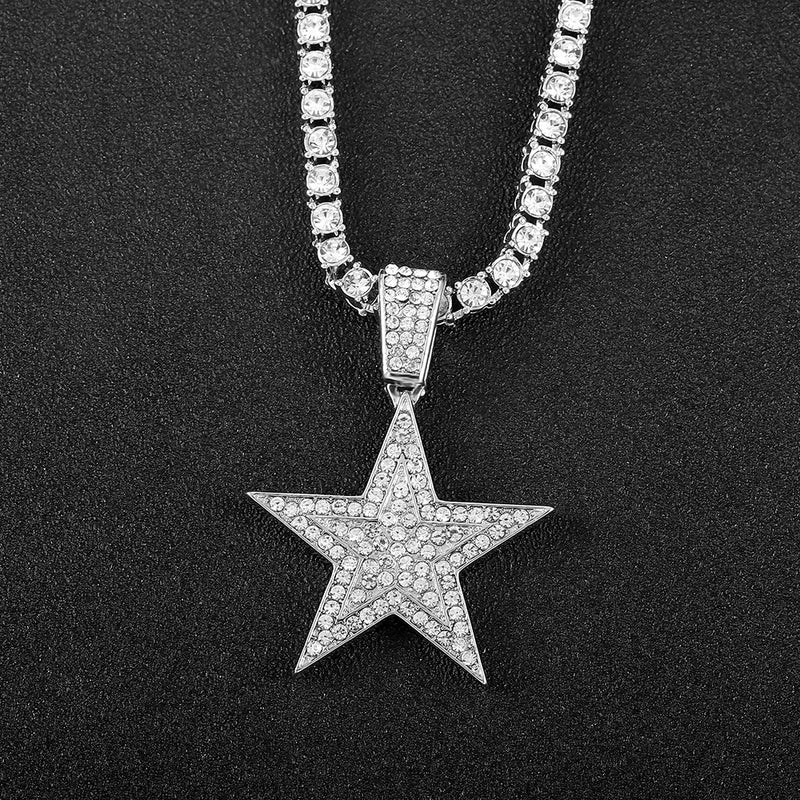 Hip Hop Gold Color Pentagram Pendant Necklace Pave Iced Out Rhinestone Chain Star Pendant Necklace for Boys Girl Charm Men Women