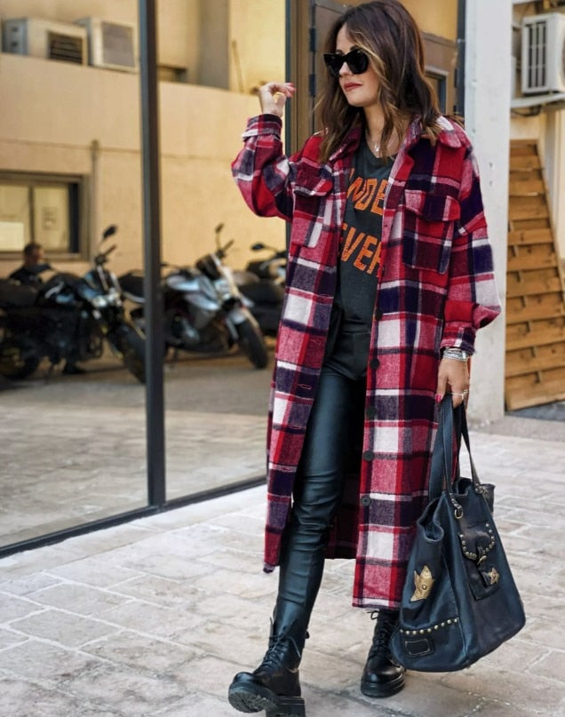 Women's Fashion Long Plaid Coat Autumn Shirt Coat Woolen Coat Streetwear Women Clothing Loose Coat Female Casual Jacket