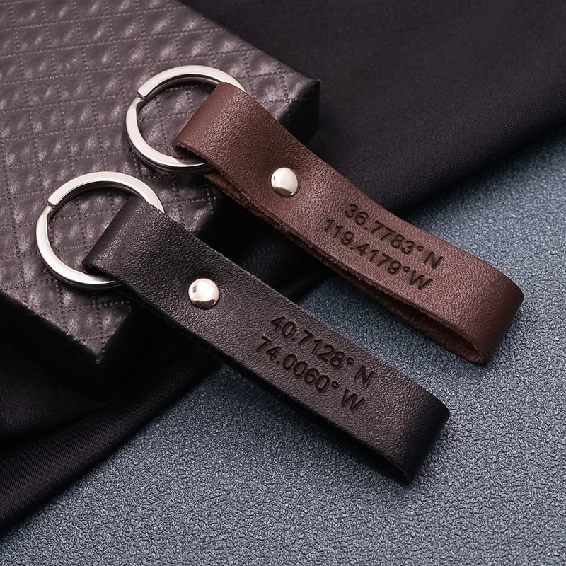 Personalized Leather Keychain, Personalized Coordinates, Messages, Names. Permanent Engraved. Anniversary Gift fo