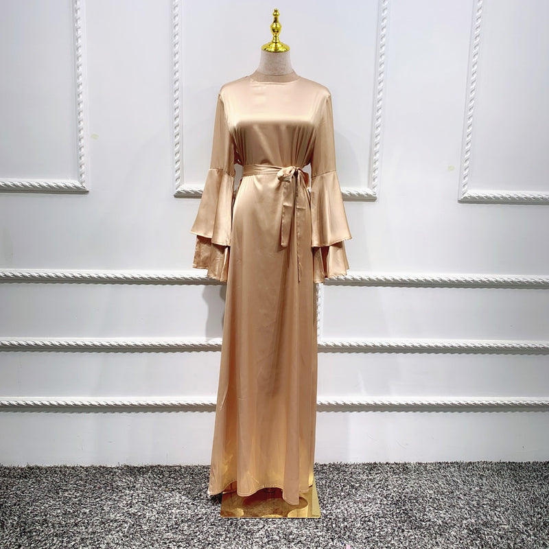 Soft Satin Long Dress Dubai Abaya Women Summer Long Flare Sleeve Belted Hijab Robe Muslim Islam Arab Turkey Clothes Ramadan