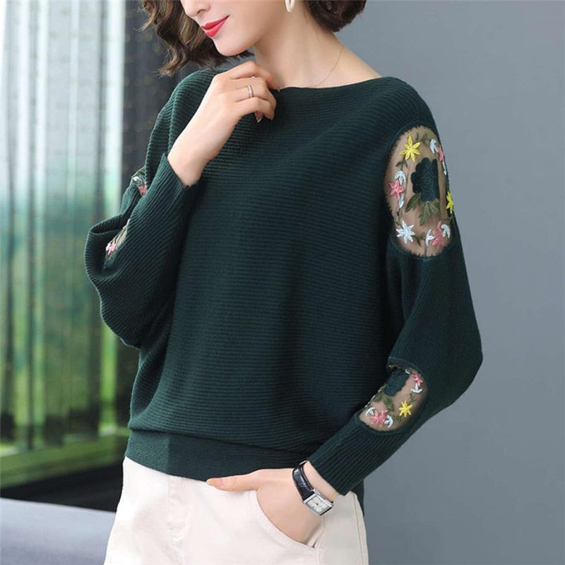 Flower Embroidery Batwing Sleeve O-Neck Spring Sweaters Women Casual Loose Knitted Pullovers  Large Size Knitwear Tops Female