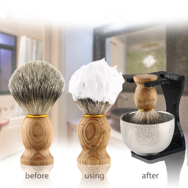 Barber Shaving Brush Pure Badger Hair Wood Handle +Black Acrylic Stand+bowl+Soap Set