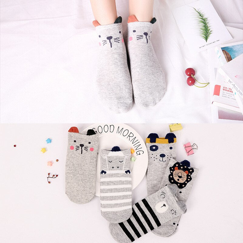 5 Pairs/Lot Cotton Women Socks Female Harajuku Casual Boat Cartoon Kawaii Cat Cute Invisiable Funny Girl Ankle Sock Set Gift
