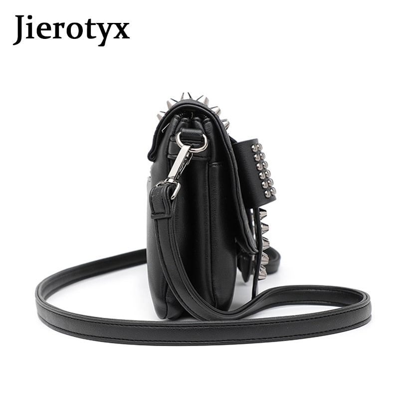 JIETOTYX Women Black Leather Messenger Bags Single Skull Rivet Shoulder Bags Sac A Main Bolsa Black Vintage Sexy Bag Lady Drop