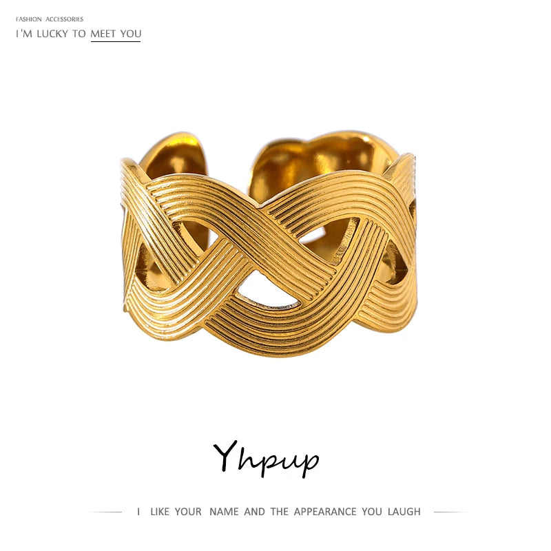 Yhpup Statement Handmade Weave Stainless Steel Ring for Women Fashion Metal Texture Opening Summer Finger Chic Jewelry Gift