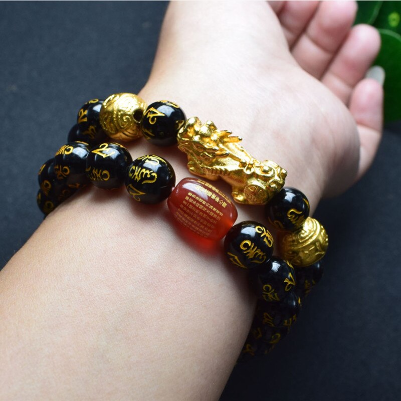 Stone Beads Bangles Bracelet 6 Words Gold Color Brave Troops Chinese Lucky Enegry God Beast Pixiu Bracelet Dropship Jewelry Gift