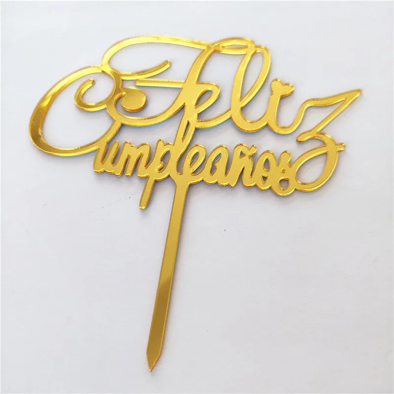 Golden Acrylic Happy Birthday Cake Topper Spanish language Birthday Party Cake Toppers For Kids holiday gifts Dessert Decoration