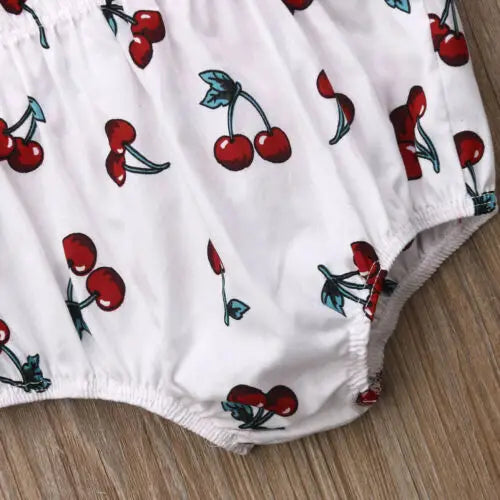 Cute Newborn Baby Girl Clothes Sets Ruffle Backless Cherry Romper Headband 2pcs Summer Outfits Toddler Infant Jumpsuit 0-18M